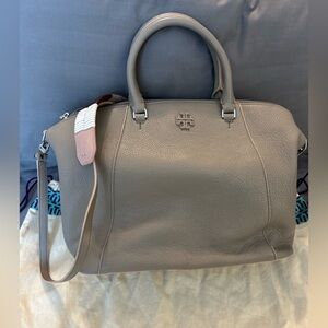 Tory Burch Taupe Leather Satchel with Pink Accent Strap